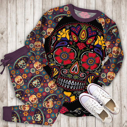 Day Of The Dead Sugar Skull Pajama Set |Sleepwear Pjs Sets | Raglan Shirt Pants Set