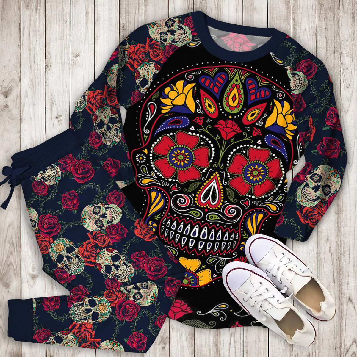 Day Of The Dead Sugar Skull Pajama Set |Sleepwear Pjs Sets | Raglan Shirt Pants Set
