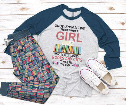 Reading Girl Love Books And Cats Pajama Set |Sleepwear Pjs Sets | Raglan Shirt Pants Set