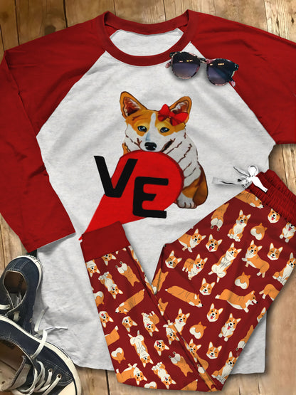 Corgi The Dog Red Unique Pajama Set |Sleepwear Pjs Sets | Raglan Shirt Pants Set