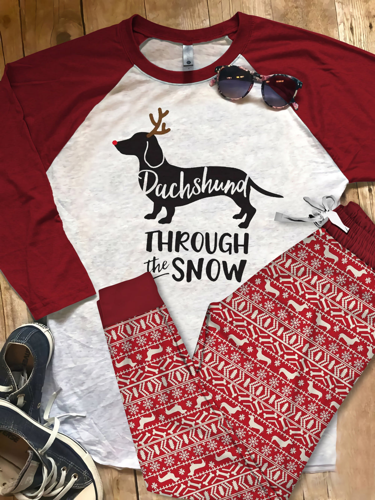 Dachshund Through The Snow Pajama Set |Sleepwear Pjs Sets | Raglan Shirt Pants Set