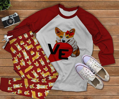 Corgi The Dog Red Unique Pajama Set |Sleepwear Pjs Sets | Raglan Shirt Pants Set