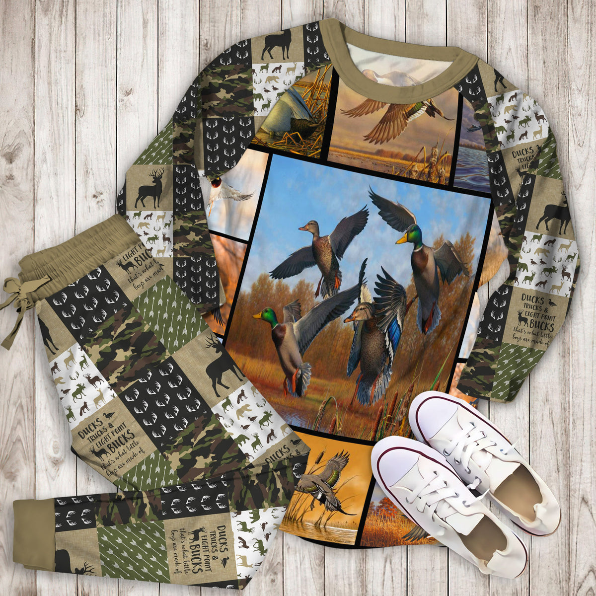Hunting Duck Pajama Set | Pajamas | Cotton Sleepwear Sets | Soft Long Sleeve Pjs | Raglan Shirt and Pants Set