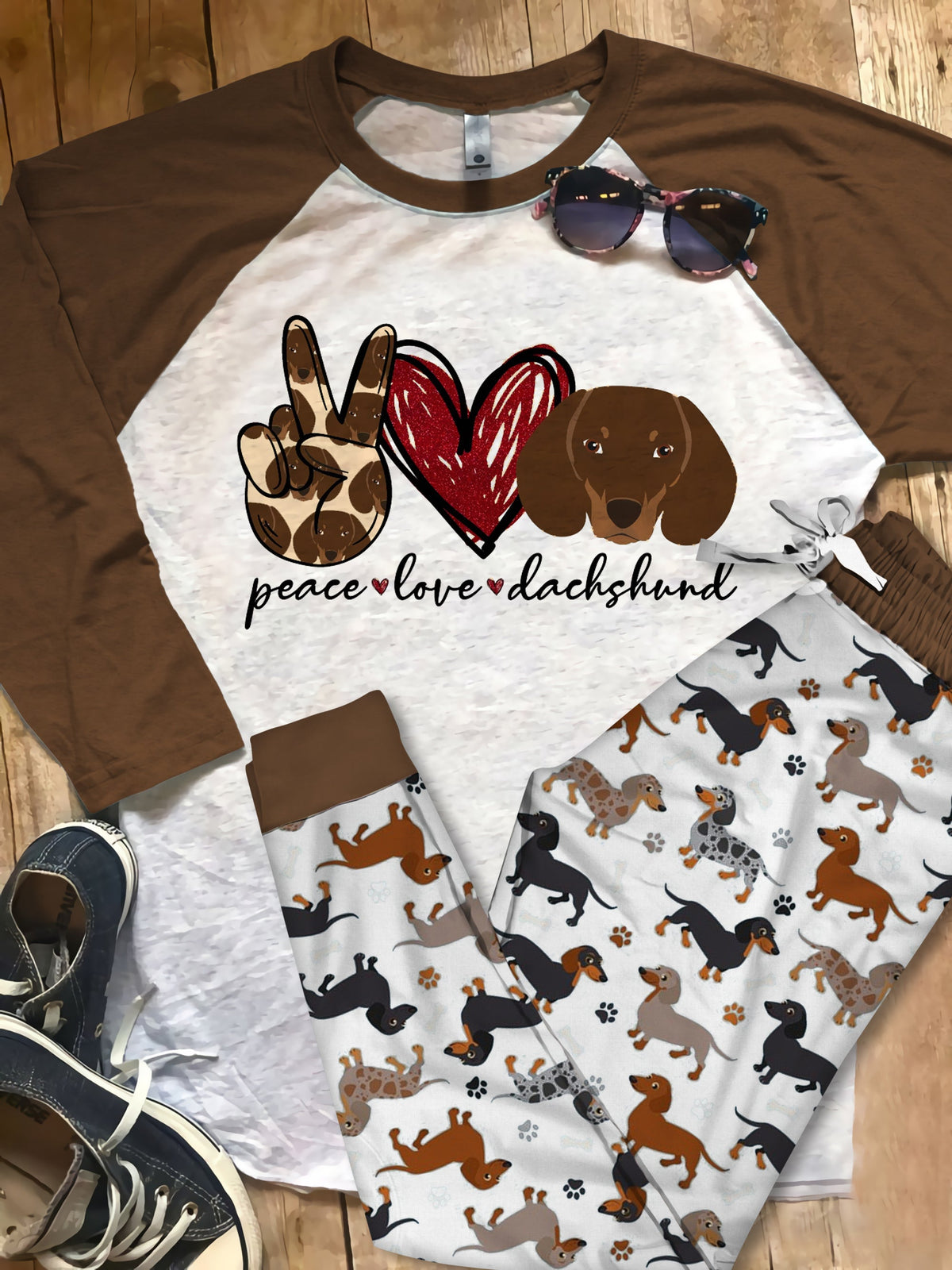 Dachshund Love Dachshund Aav Pajama Set |Sleepwear Pjs Sets | Raglan Shirt Pants Set