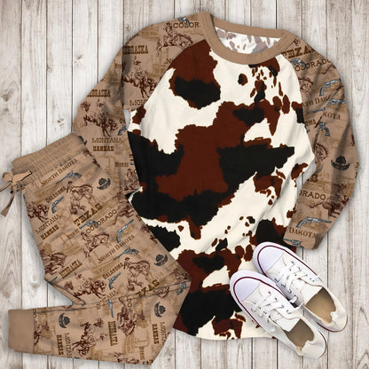 Cowhide Pajama Set | Pajamas | Cotton Sleepwear Sets | Soft Long Sleeve Pjs | Raglan Shirt and Pants Set