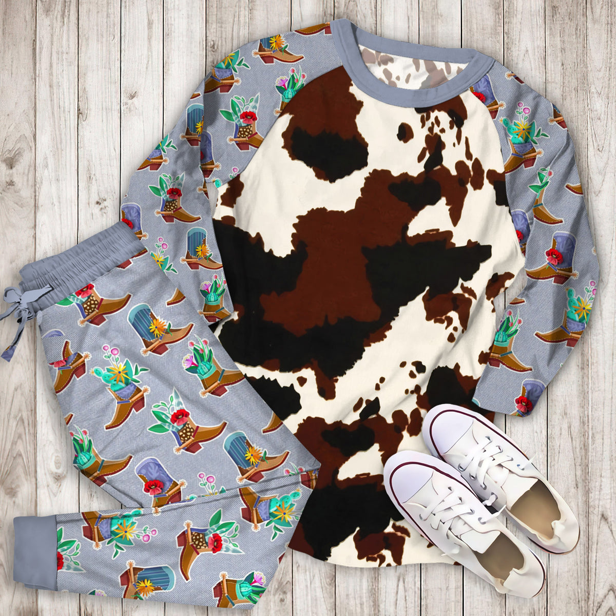 Cowhide Pajama Set | Pajamas | Cotton Sleepwear Sets | Soft Long Sleeve Pjs | Raglan Shirt and Pants Set