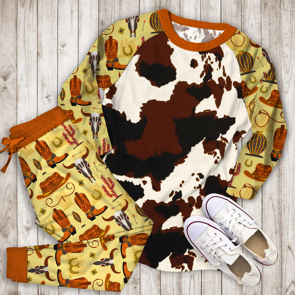Cowhide Pajama Set | Pajamas | Cotton Sleepwear Sets | Soft Long Sleeve Pjs | Raglan Shirt and Pants Set