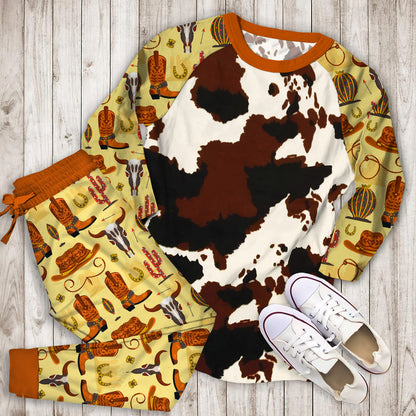 Cowhide Pajama Set | Pajamas | Cotton Sleepwear Sets | Soft Long Sleeve Pjs | Raglan Shirt and Pants Set