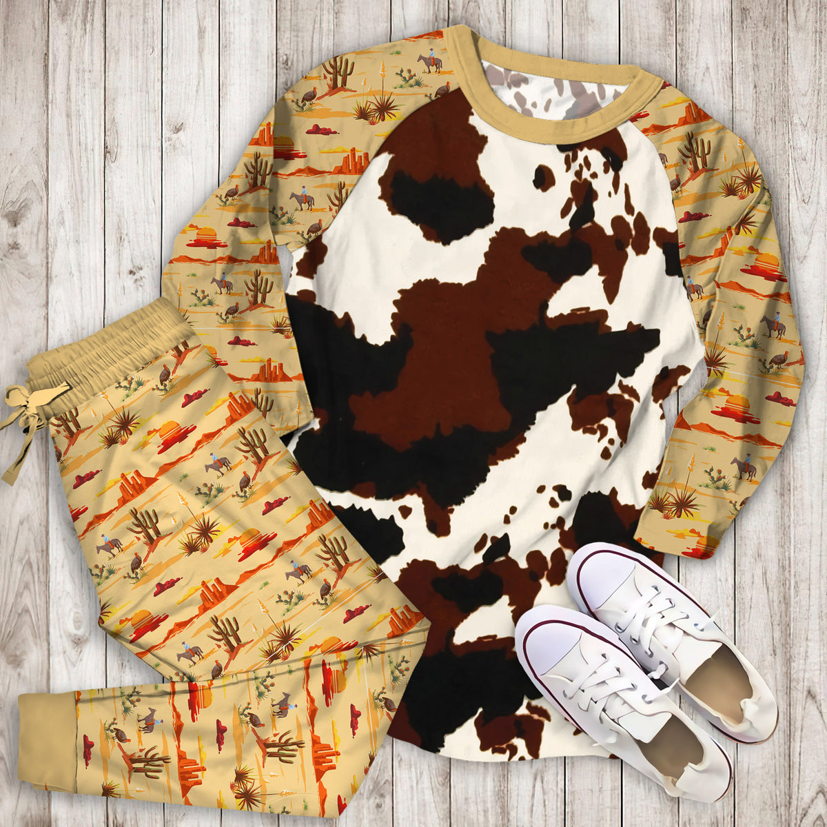 Cowhide Pajama Set | Pajamas | Cotton Sleepwear Sets | Soft Long Sleeve Pjs | Raglan Shirt and Pants Set