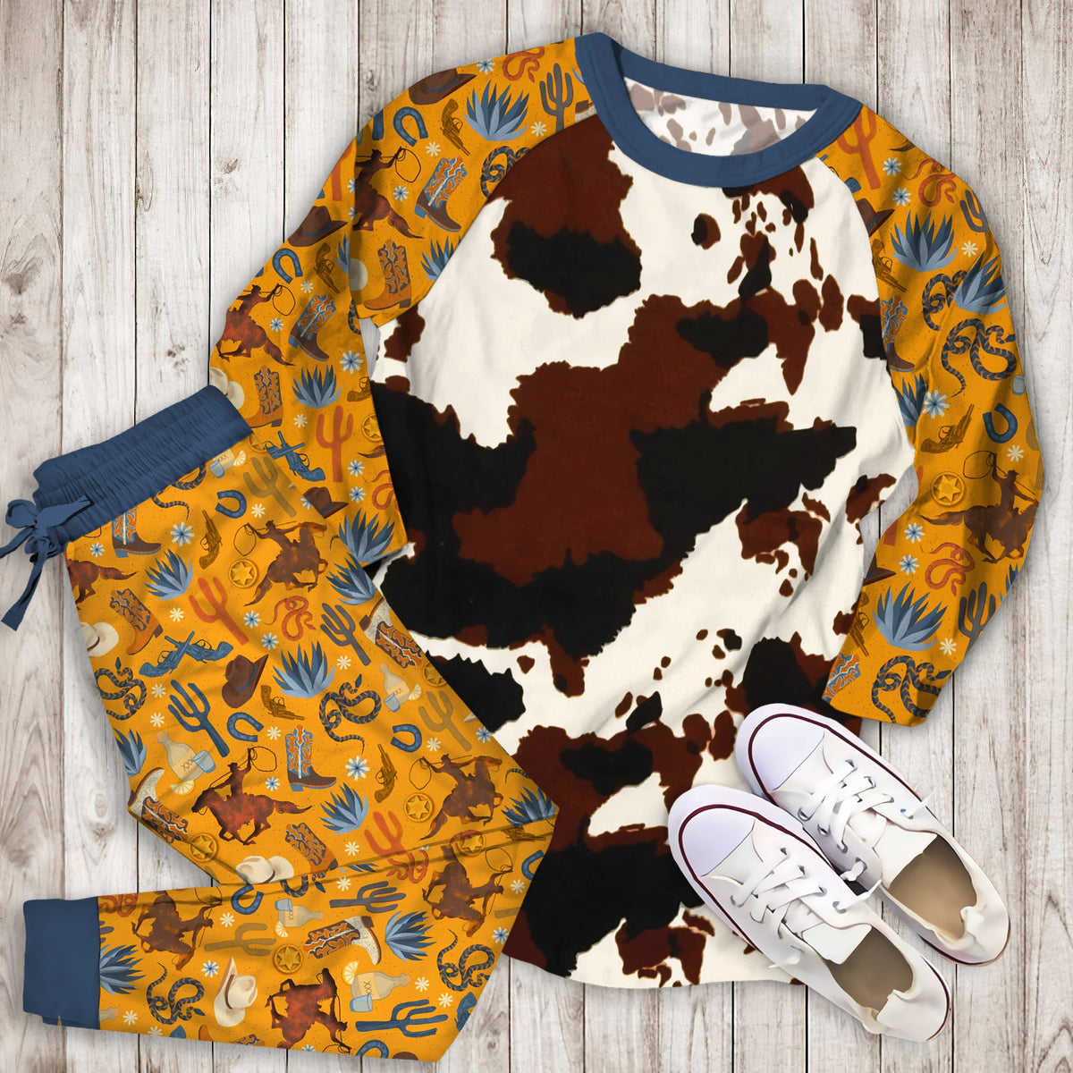 Cowhide Pajama Set | Pajamas | Cotton Sleepwear Sets | Soft Long Sleeve Pjs | Raglan Shirt and Pants Set