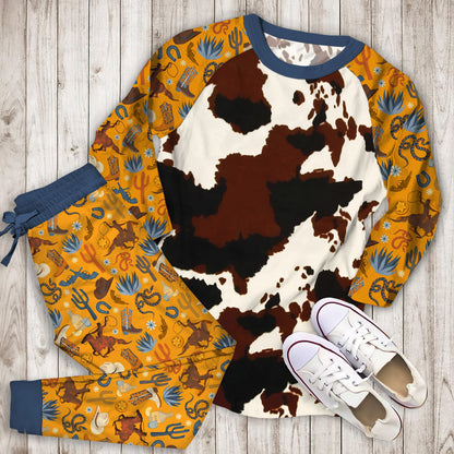 Cowhide Pajama Set | Pajamas | Cotton Sleepwear Sets | Soft Long Sleeve Pjs | Raglan Shirt and Pants Set