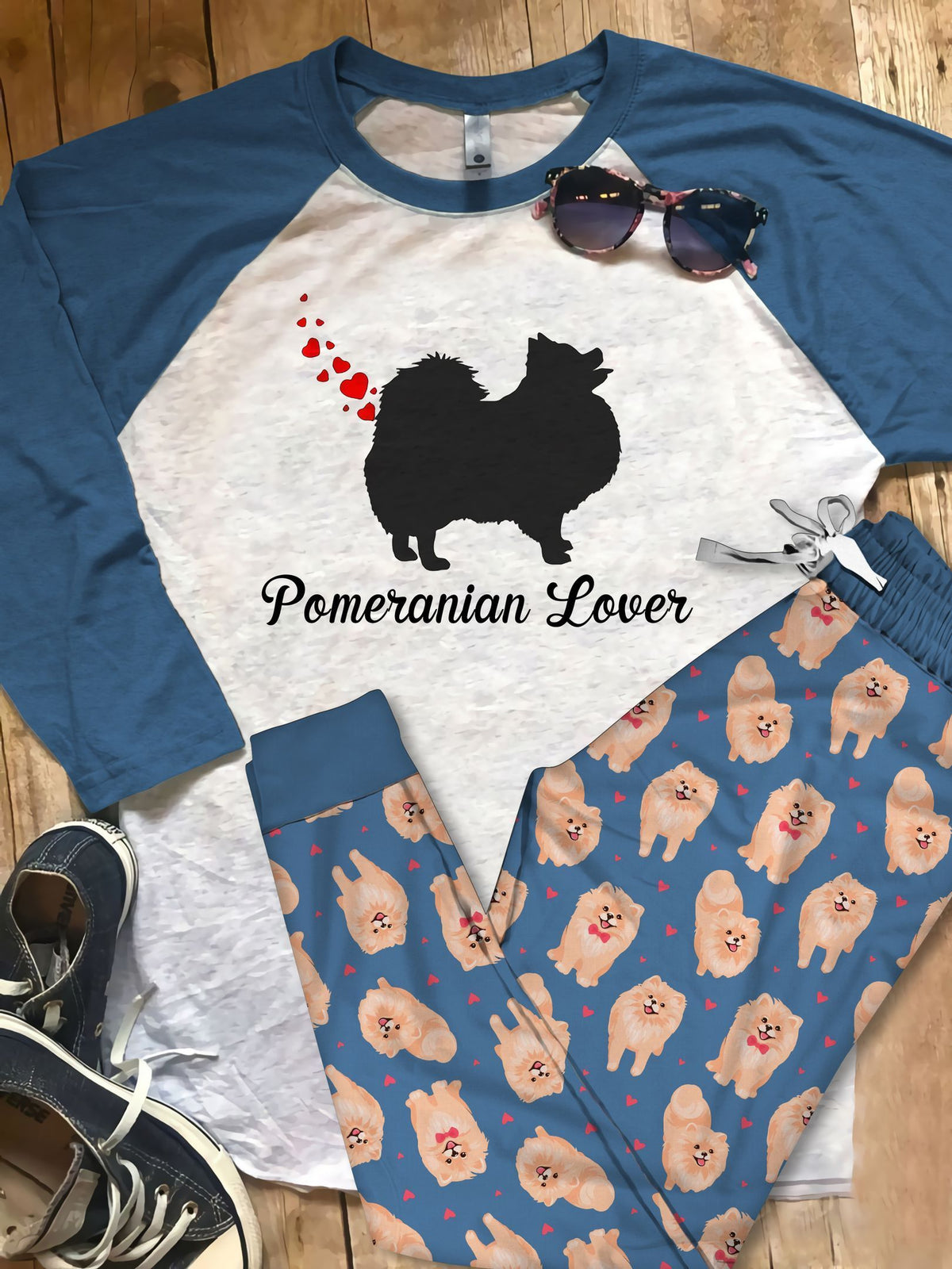 Pomeranian Valentines Day Heart Dog Farts Pajama Set |Sleepwear Pjs Sets | Raglan Shirt Pants Set