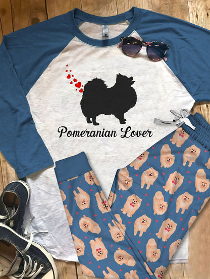 Pomeranian Valentines Day Heart Dog Farts Pajama Set |Sleepwear Pjs Sets | Raglan Shirt Pants Set