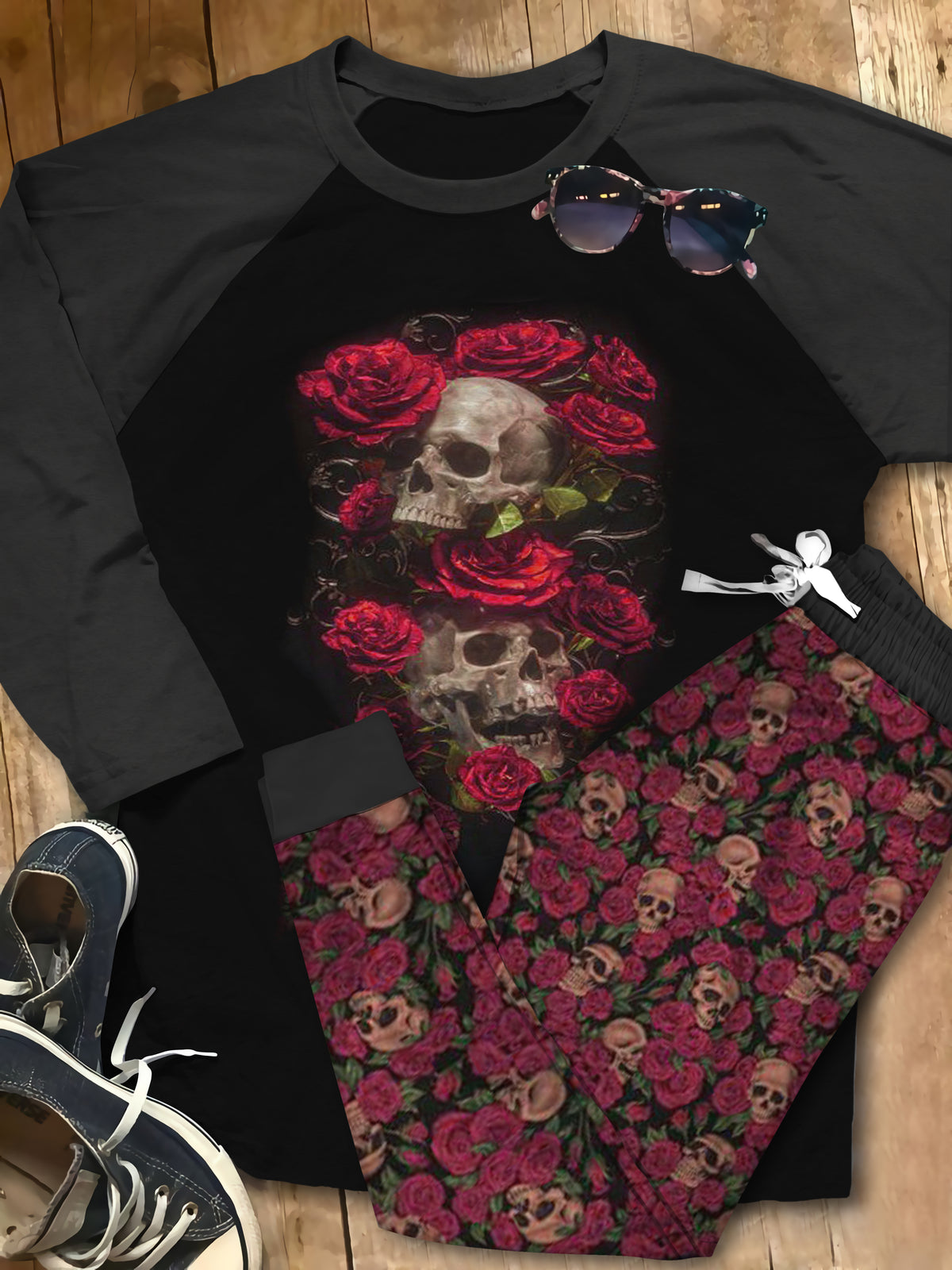 Skull Bed Of Rose Aby Pajama Set |Sleepwear Pjs Sets | Raglan Shirt Pants Set