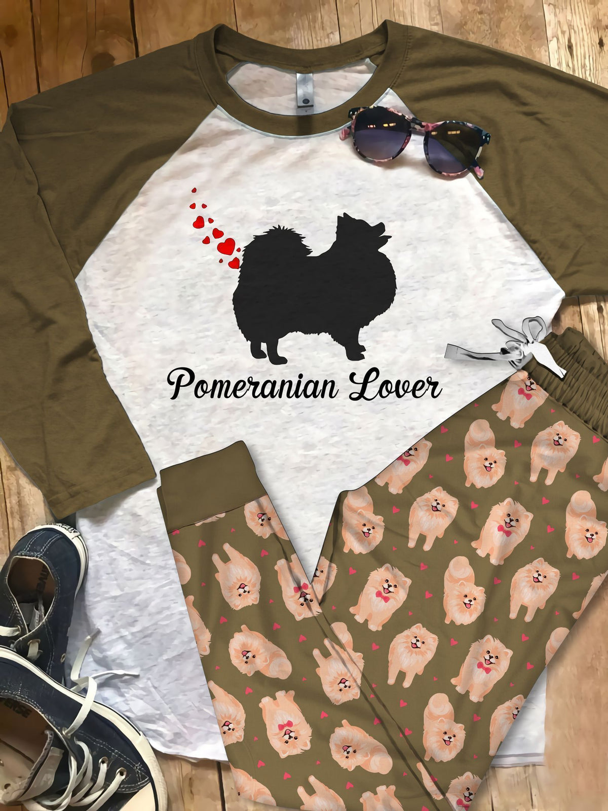 Pomeranian Valentines Day Heart Dog Farts Pajama Set |Sleepwear Pjs Sets | Raglan Shirt Pants Set