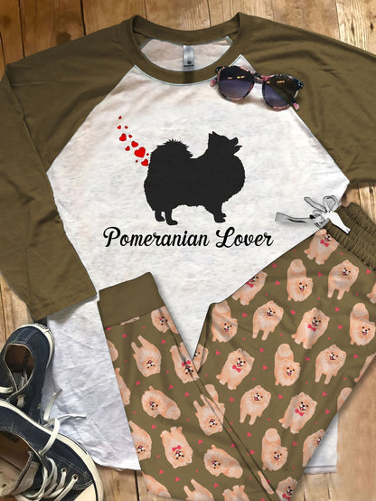 Pomeranian Valentines Day Heart Dog Farts Pajama Set |Sleepwear Pjs Sets | Raglan Shirt Pants Set