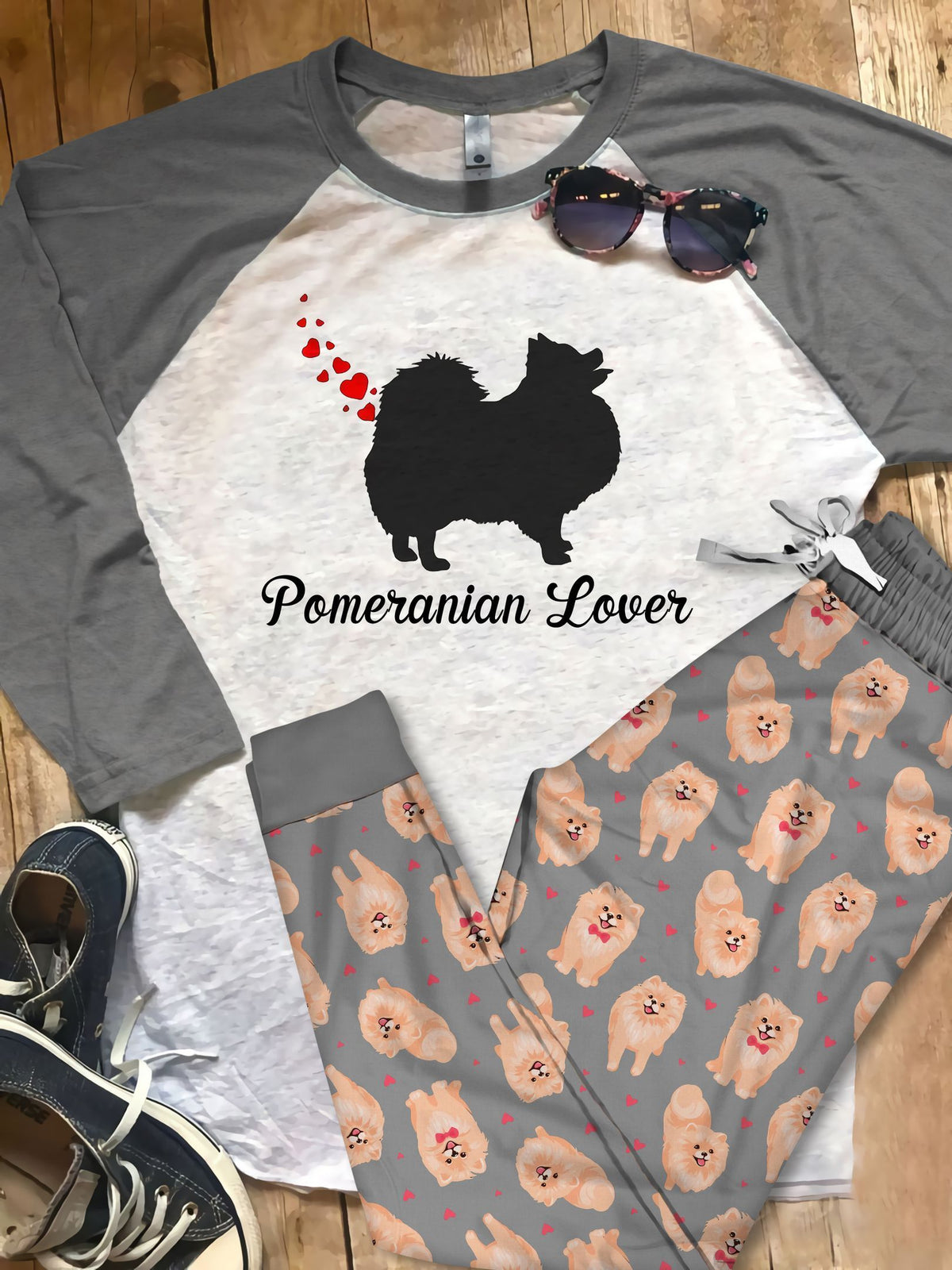 Pomeranian Valentines Day Heart Dog Farts Pajama Set |Sleepwear Pjs Sets | Raglan Shirt Pants Set