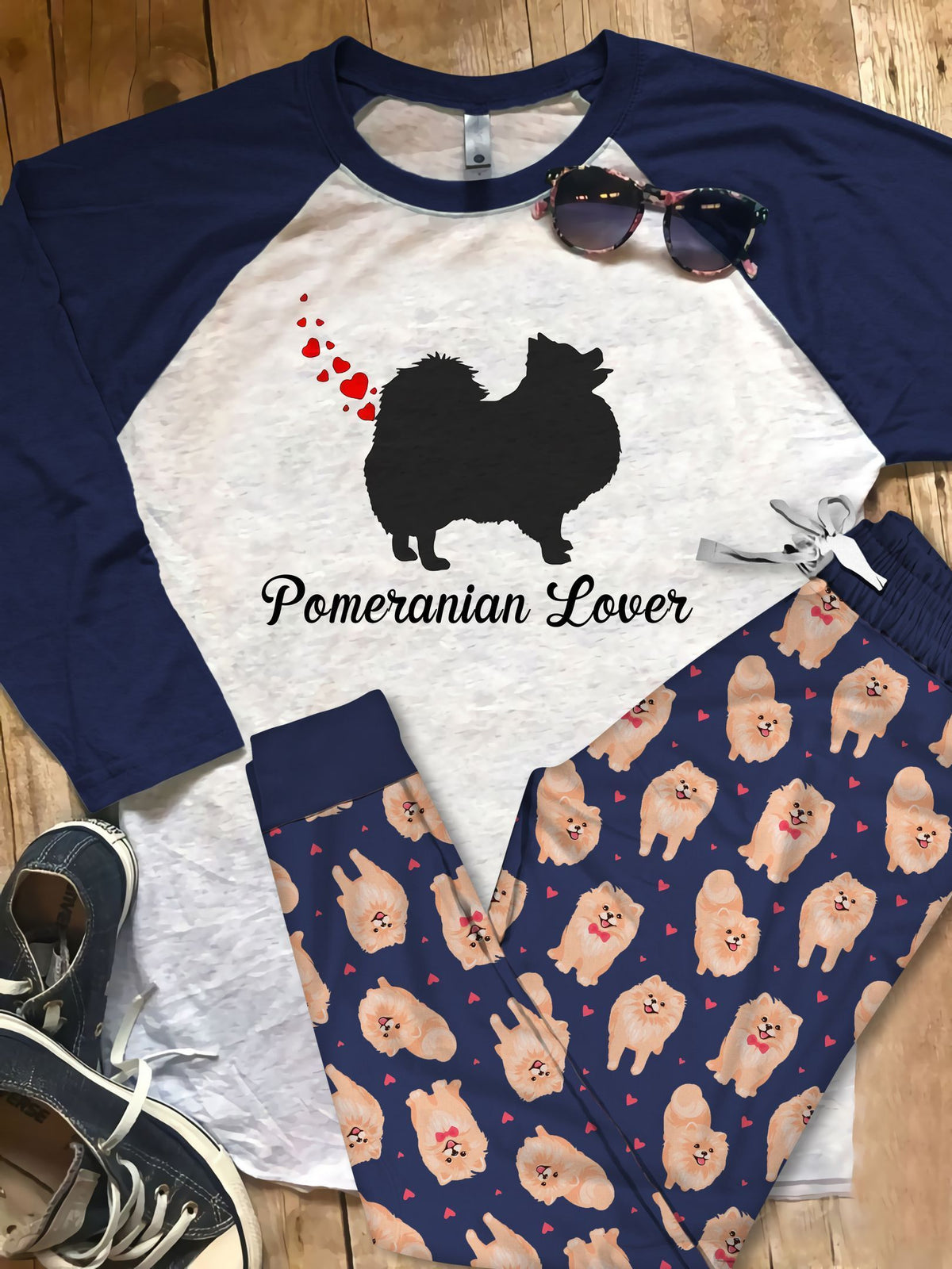 Pomeranian Valentines Day Heart Dog Farts Pajama Set |Sleepwear Pjs Sets | Raglan Shirt Pants Set
