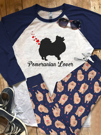 Pomeranian Valentines Day Heart Dog Farts Pajama Set |Sleepwear Pjs Sets | Raglan Shirt Pants Set