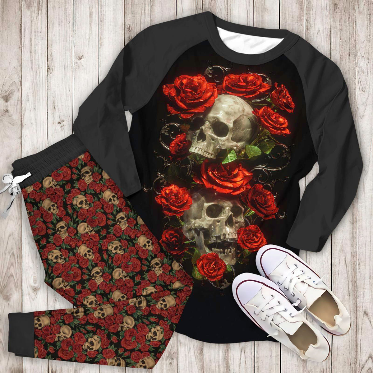 Skull Bed Of Rose Aby Pajama Set |Sleepwear Pjs Sets | Raglan Shirt Pants Set