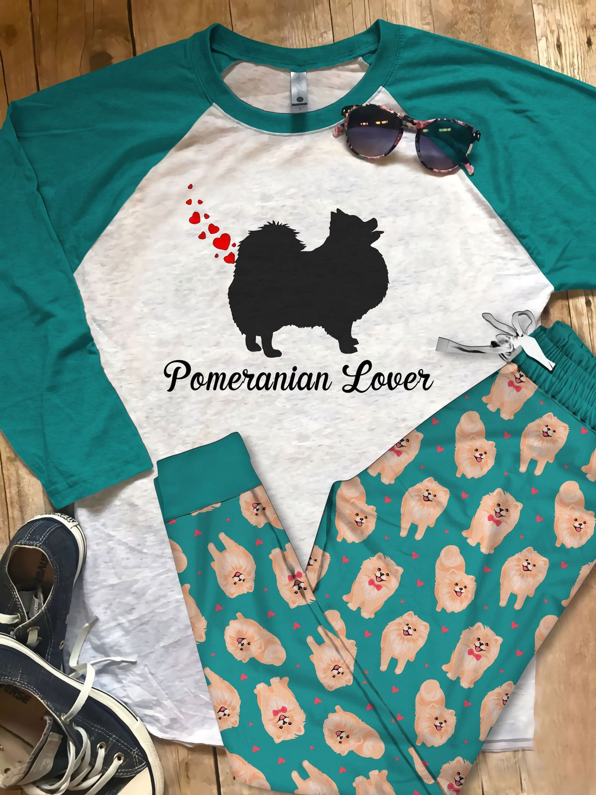 Pomeranian Valentines Day Heart Dog Farts Pajama Set |Sleepwear Pjs Sets | Raglan Shirt Pants Set