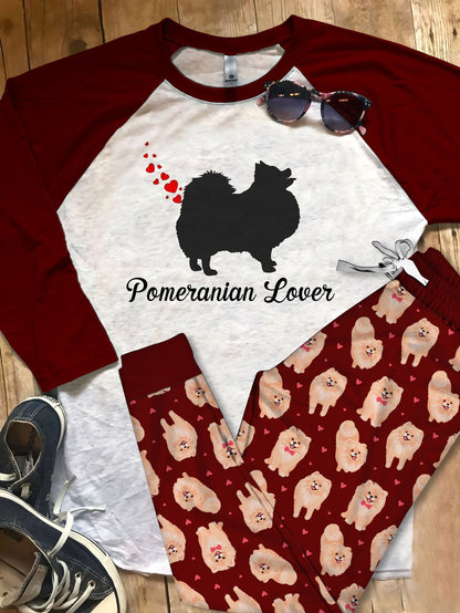 Pomeranian Valentines Day Heart Dog Farts Pajama Set |Sleepwear Pjs Sets | Raglan Shirt Pants Set