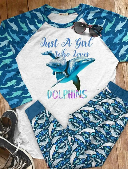 Dolphin Just A Girl Blue Best Pajama Set |Sleepwear Pjs Sets | Raglan Shirt Pants Set