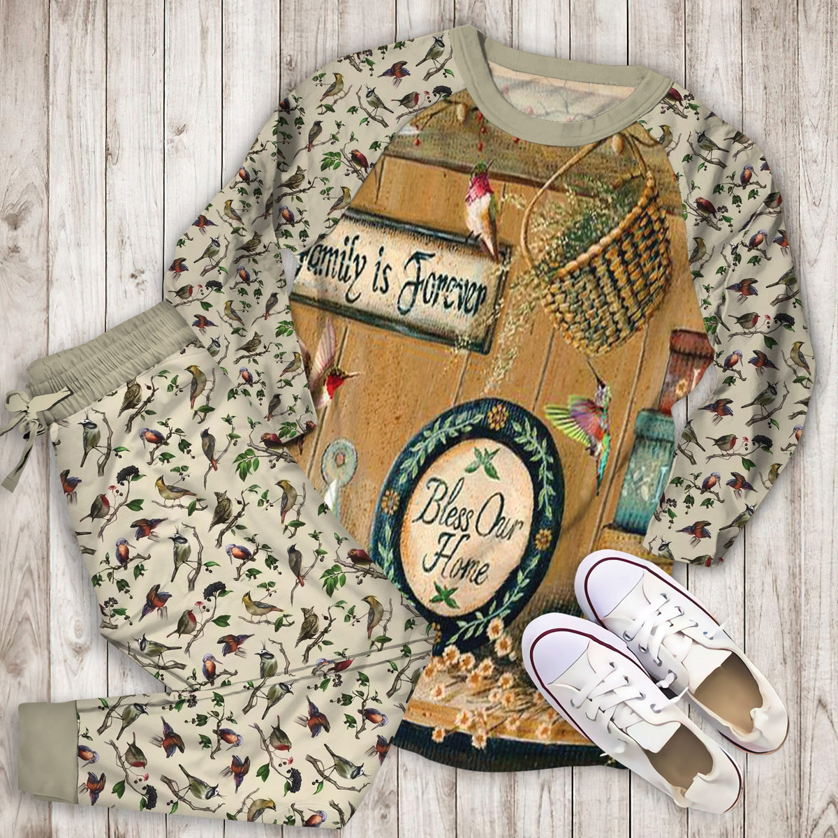 Humming Bird Bless Our Home Pajama Set |Sleepwear Pjs Sets | Raglan Shirt Pants Set