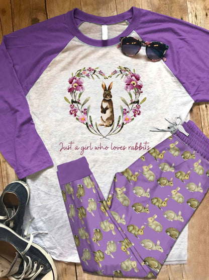 Rabbit Just A Girl Who Love Bunnies Abu Pajama Set |Sleepwear Pjs Sets | Raglan Shirt Pants Set