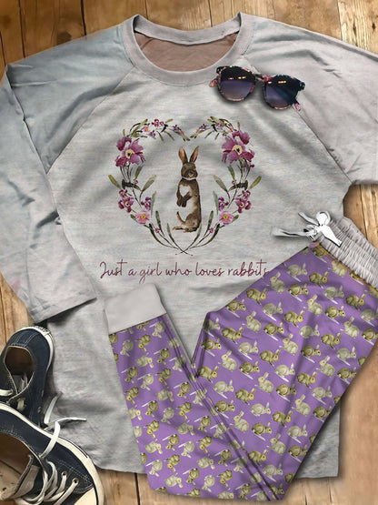 Rabbit Just A Girl Who Love Bunnies Abu Pajama Set |Sleepwear Pjs Sets | Raglan Shirt Pants Set
