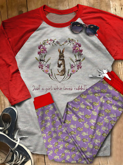 Rabbit Just A Girl Who Love Bunnies Abu Pajama Set |Sleepwear Pjs Sets | Raglan Shirt Pants Set