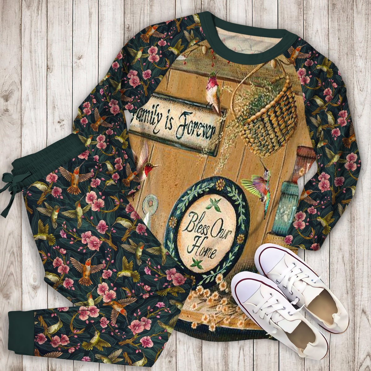 Humming Bird Bless Our Home Pajama Set |Sleepwear Pjs Sets | Raglan Shirt Pants Set