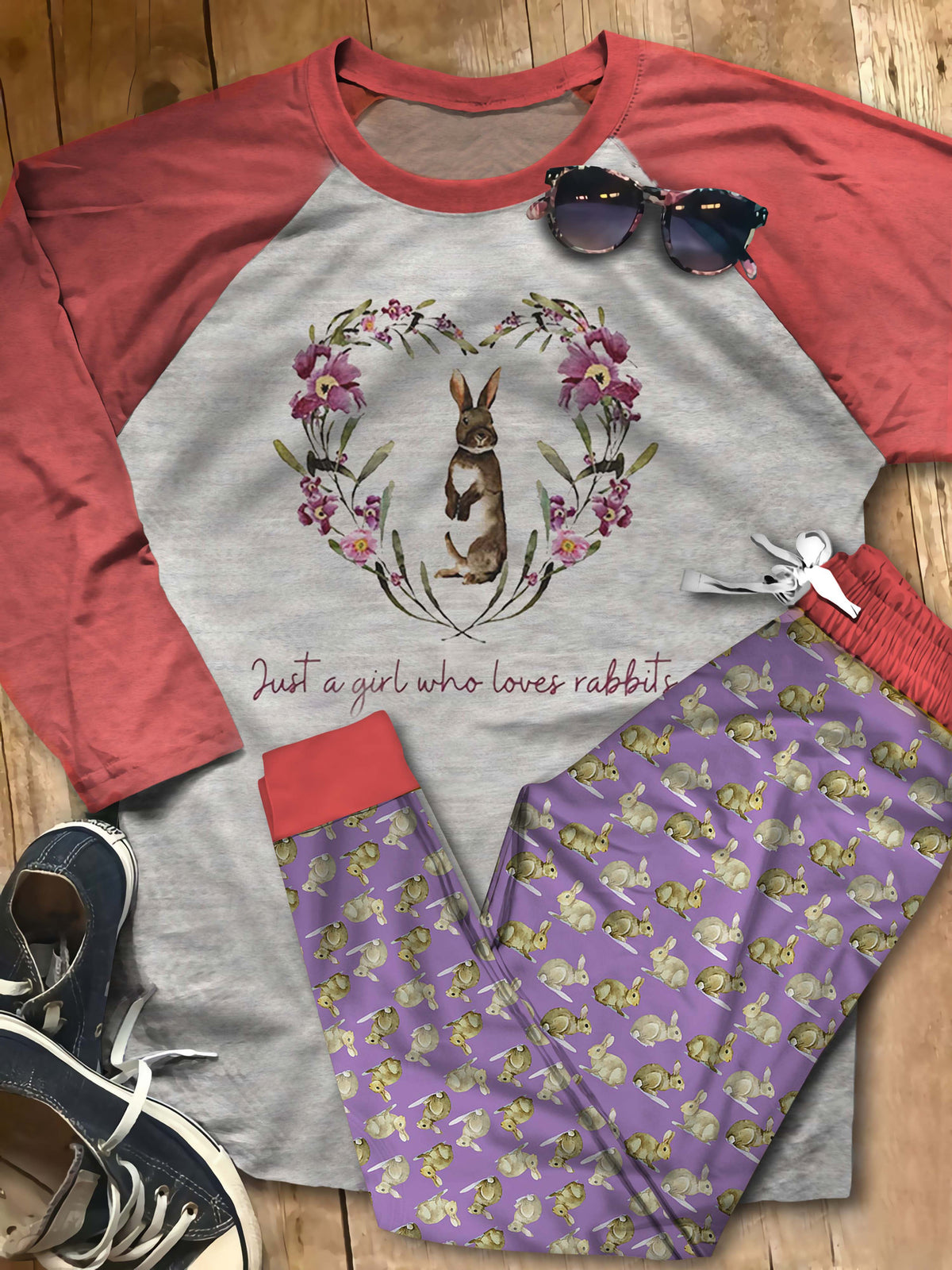 Rabbit Just A Girl Who Love Bunnies Abu Pajama Set |Sleepwear Pjs Sets | Raglan Shirt Pants Set