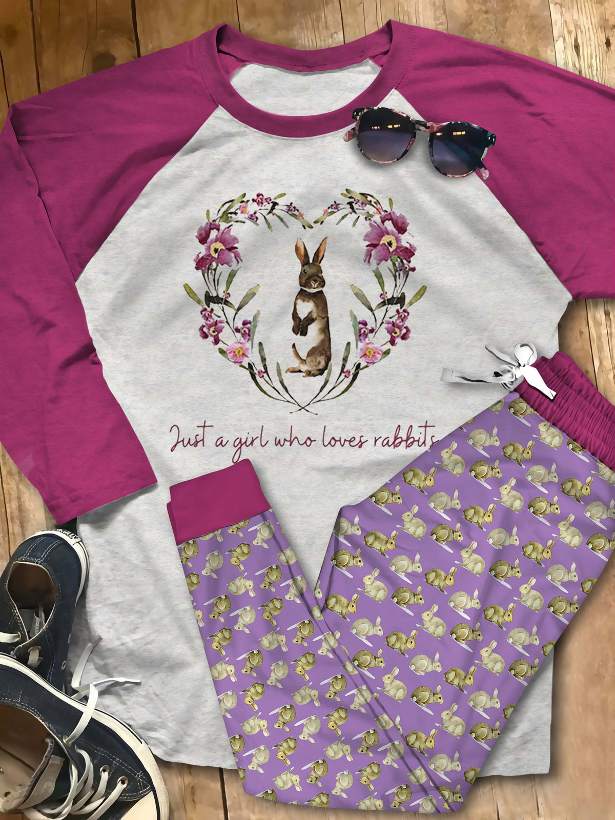 Rabbit Just A Girl Who Love Bunnies Abu Pajama Set |Sleepwear Pjs Sets | Raglan Shirt Pants Set