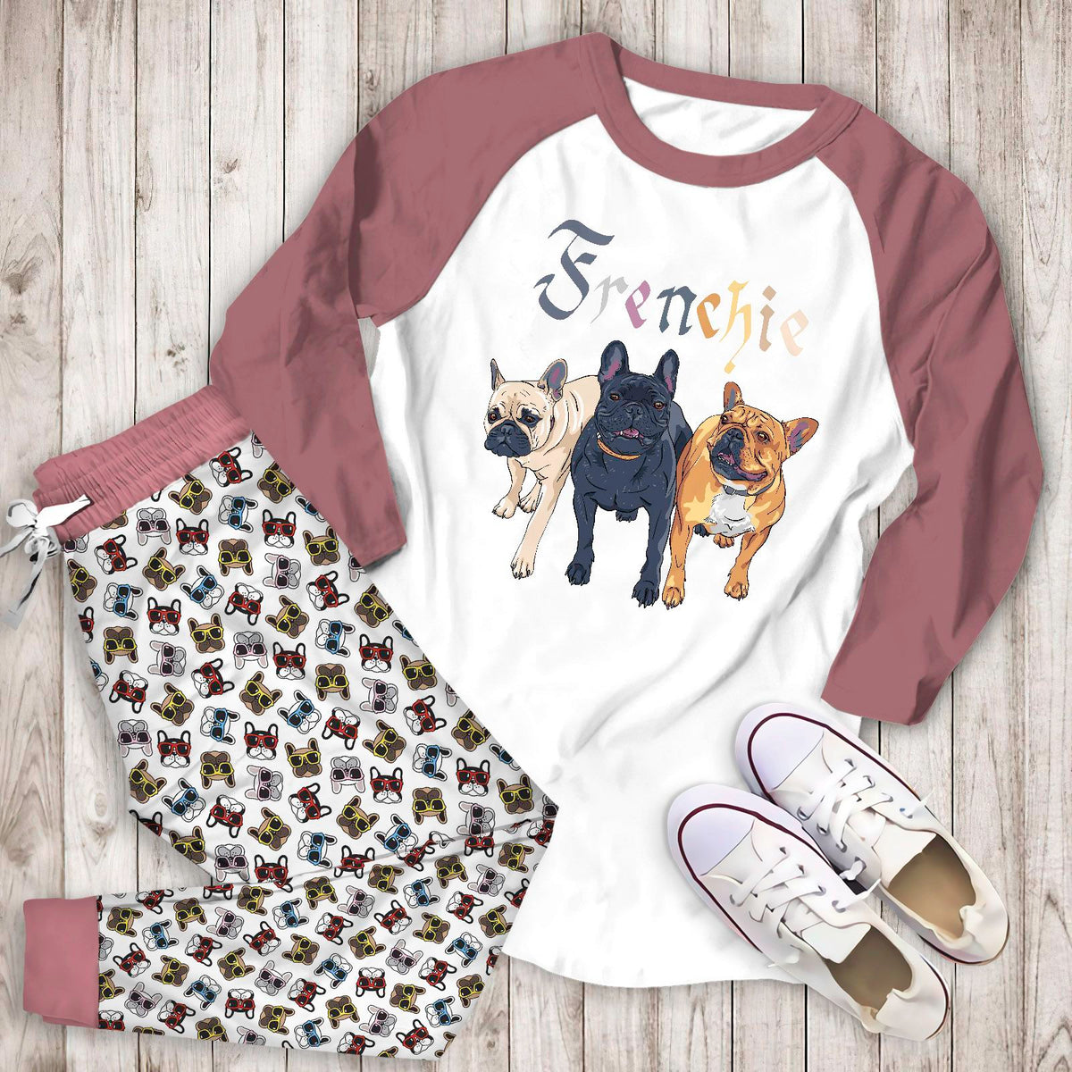 French Bulldog Frenchie Love Aap Pajama Set |Sleepwear Pjs Sets | Raglan Shirt Pants Set