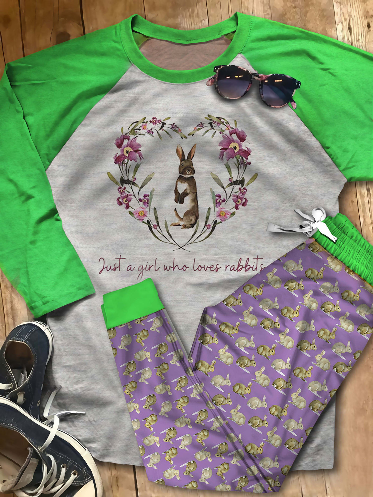 Rabbit Just A Girl Who Love Bunnies Abu Pajama Set |Sleepwear Pjs Sets | Raglan Shirt Pants Set