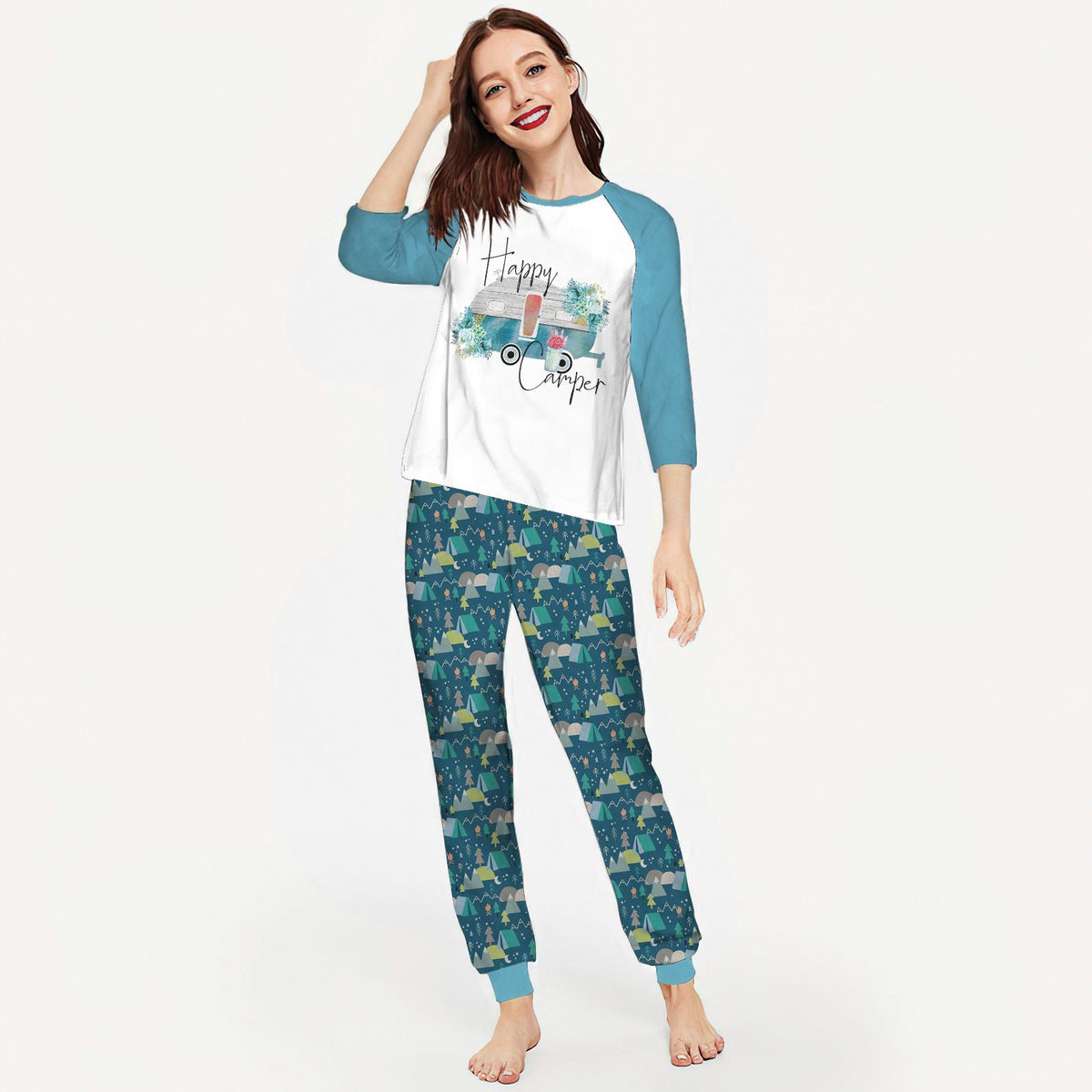 Camping Happy Camper Aaj Pajama Set |Sleepwear Pjs Sets | Raglan Shirt Pants Set