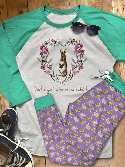 Rabbit Just A Girl Who Love Bunnies Abu Pajama Set |Sleepwear Pjs Sets | Raglan Shirt Pants Set