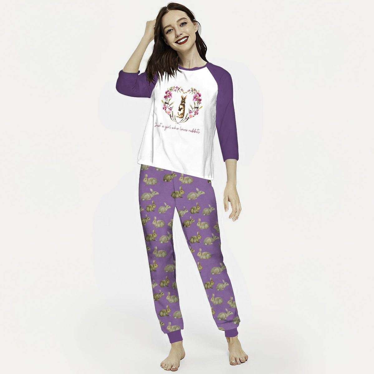 Rabbit Just A Girl Who Love Bunnies Abu Pajama Set |Sleepwear Pjs Sets | Raglan Shirt Pants Set