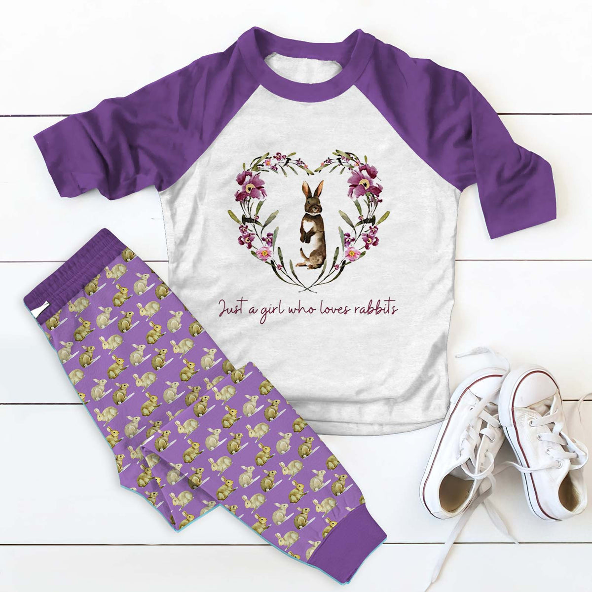 Rabbit Just A Girl Who Love Bunnies Abu Pajama Set |Sleepwear Pjs Sets | Raglan Shirt Pants Set
