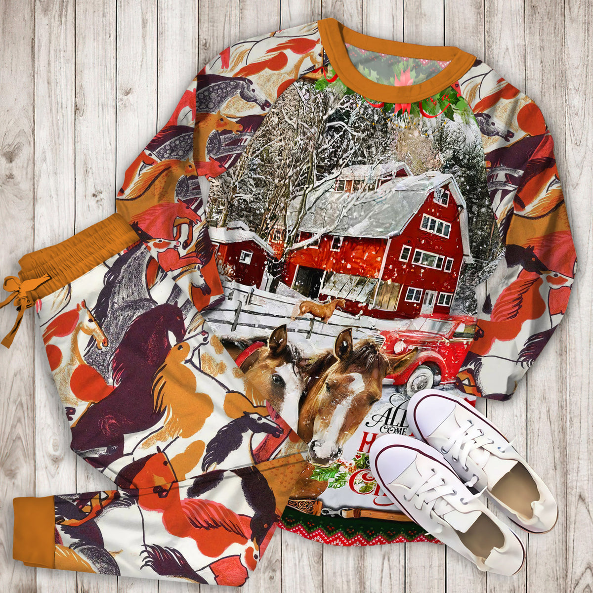 Horse Christmas Pajama Set | Pajamas | Cotton Sleepwear Sets | Soft Long Sleeve Pjs | Raglan Shirt and Pants Set