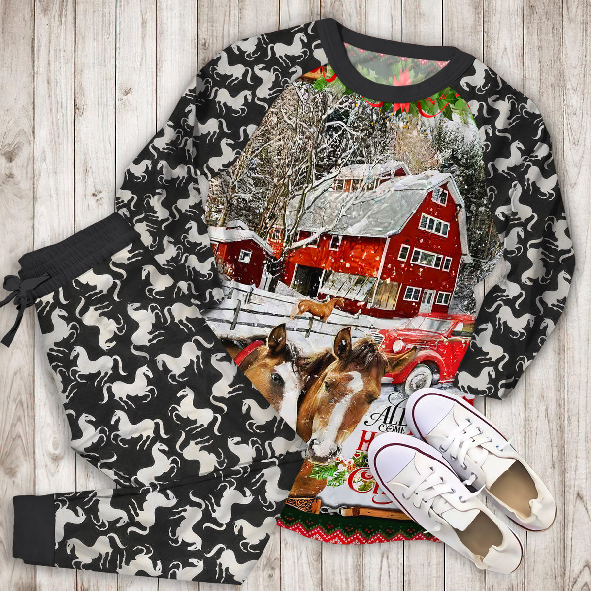 Horse Christmas Pajama Set | Pajamas | Cotton Sleepwear Sets | Soft Long Sleeve Pjs | Raglan Shirt and Pants Set
