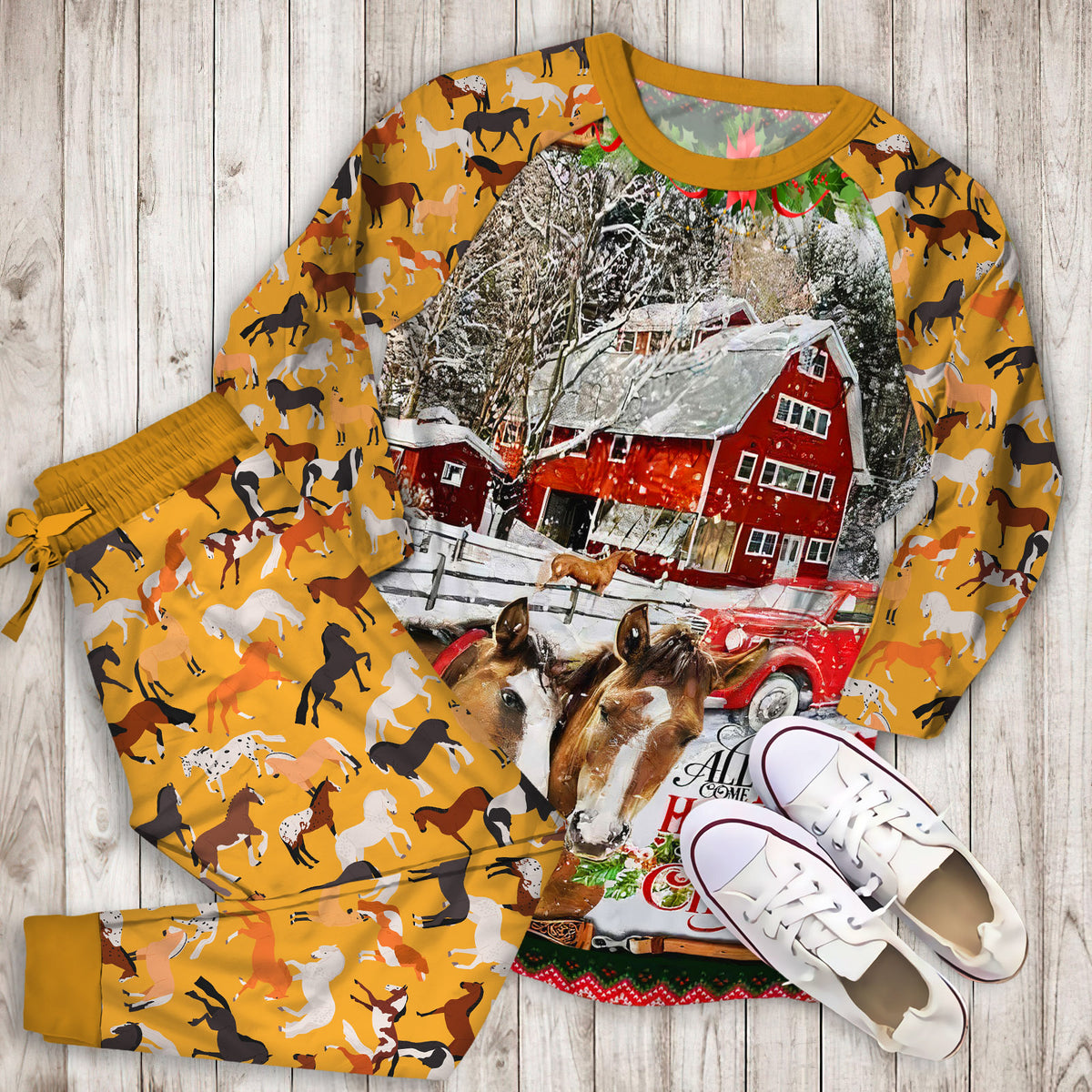 Horse Christmas Pajama Set | Pajamas | Cotton Sleepwear Sets | Soft Long Sleeve Pjs | Raglan Shirt and Pants Set