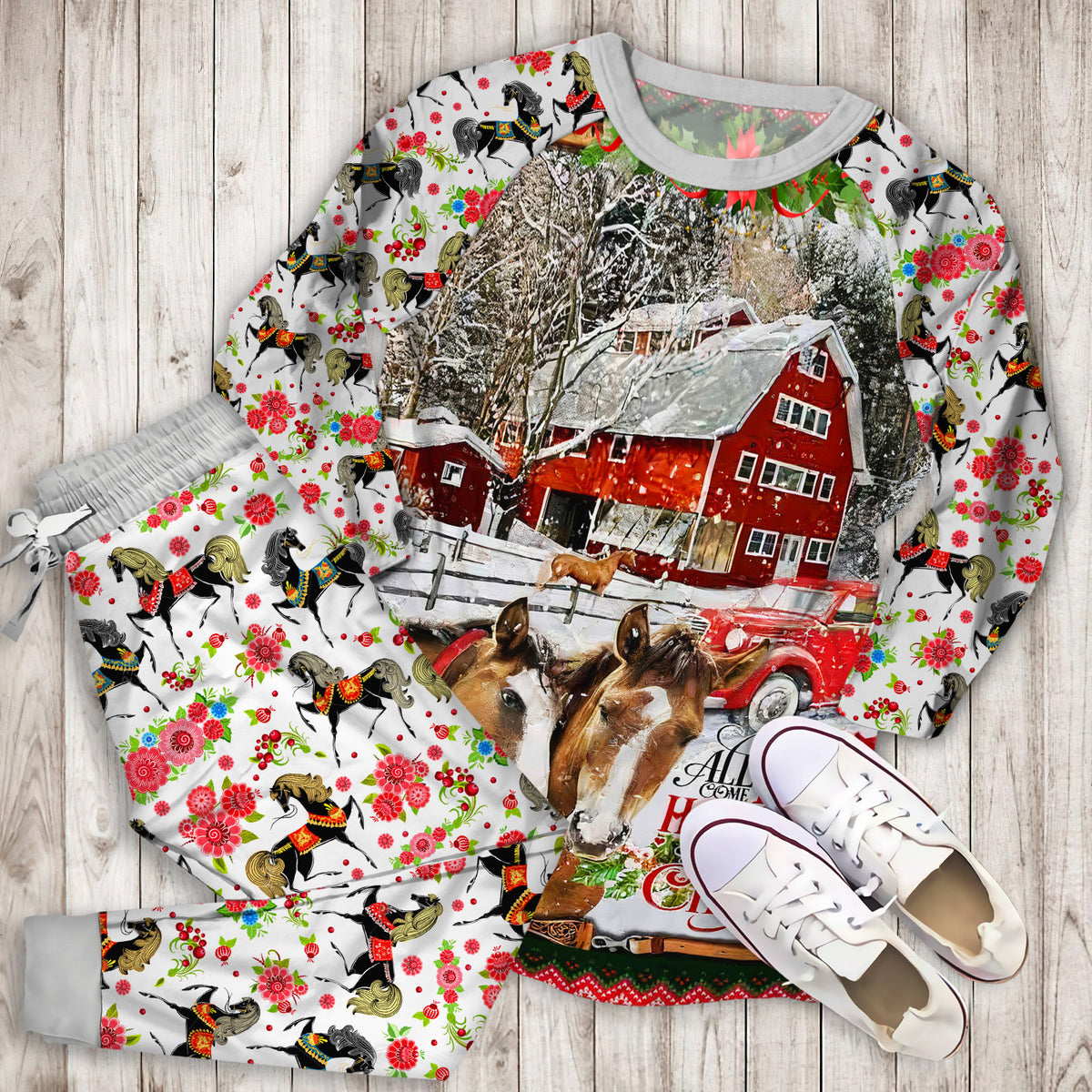 Horse Christmas Pajama Set | Pajamas | Cotton Sleepwear Sets | Soft Long Sleeve Pjs | Raglan Shirt and Pants Set