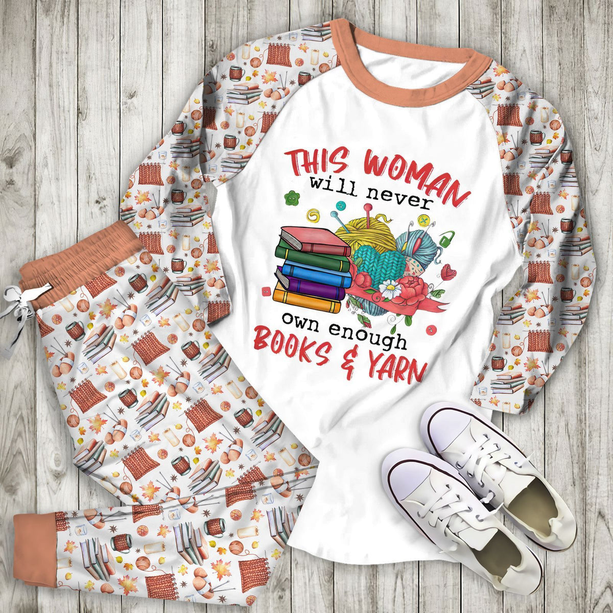 Book Books And Yarn Hhb Pajama Set |Sleepwear Pjs Sets | Raglan Shirt Pants Set
