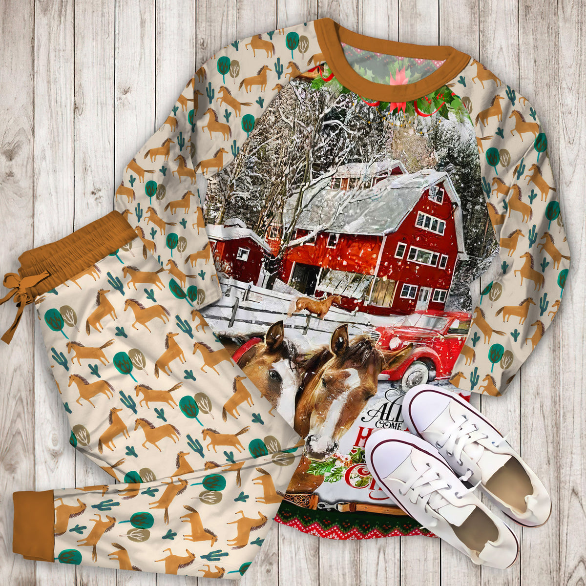 Horse Christmas Pajama Set | Pajamas | Cotton Sleepwear Sets | Soft Long Sleeve Pjs | Raglan Shirt and Pants Set