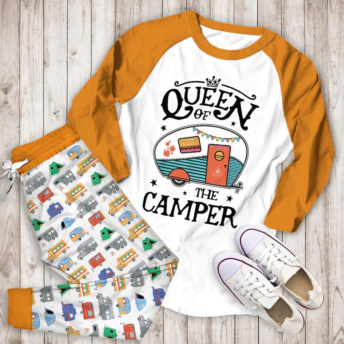 Camping Queen Of Camping Aam Pajama Set |Sleepwear Pjs Sets | Raglan Shirt Pants Set