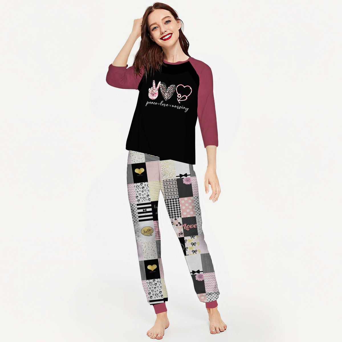 Nurse Peace Love Nursing Aaz Pajama Set |Sleepwear Pjs Sets | Raglan Shirt Pants Set