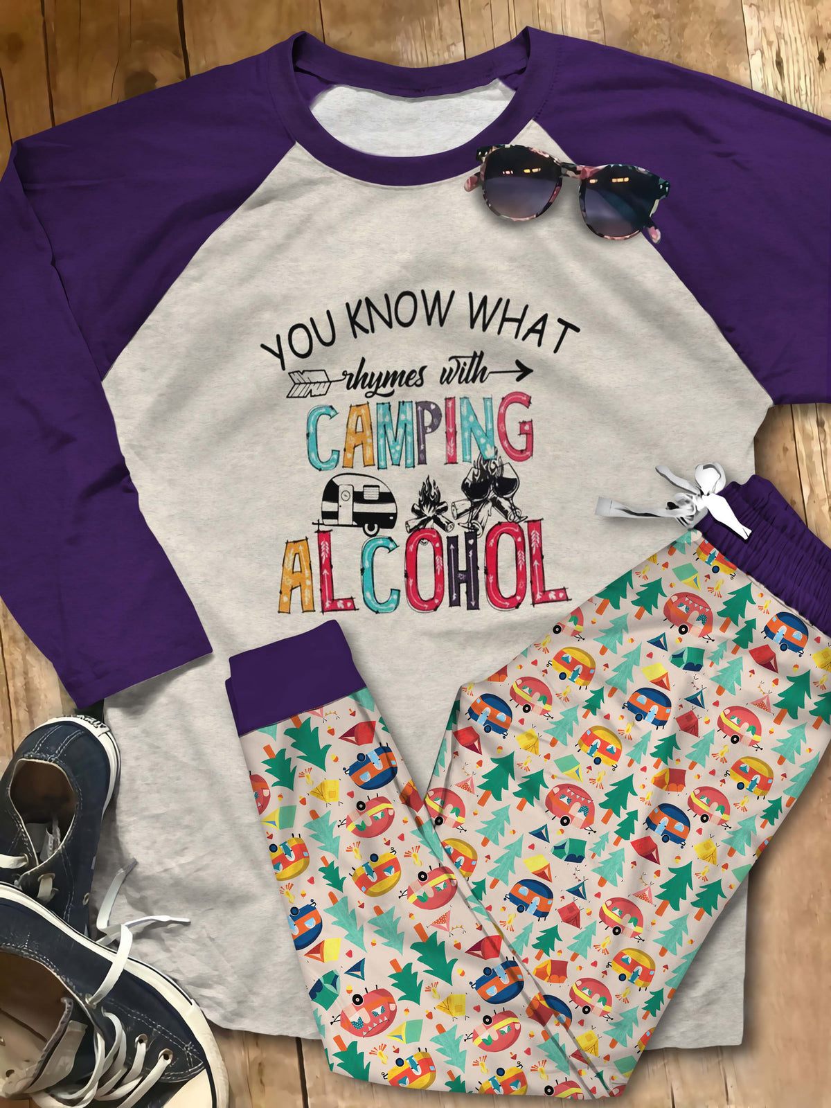 Camping Camping And Alcohol Collection Aad Pajama Set |Sleepwear Pjs Sets | Raglan Shirt Pants Set