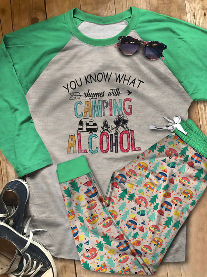 Camping Camping And Alcohol Collection Aad Pajama Set |Sleepwear Pjs Sets | Raglan Shirt Pants Set